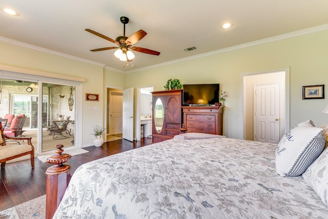 bedroom with ceiling fan, crown molding, dark hardwood / wood-style floors, and access to outside