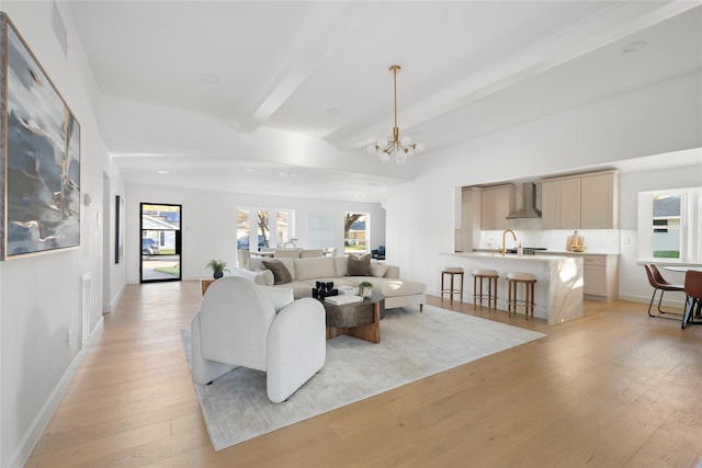 living room featuring beam ceiling, sink, a chandelier, and light hardwood / wood-style floors