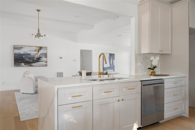 kitchen with pendant lighting, white cabinets, beamed ceiling, sink, and stainless steel dishwasher