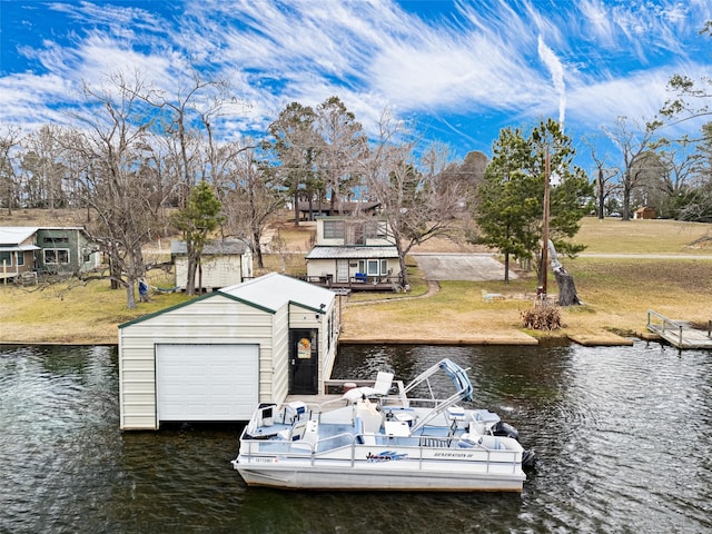 dock area featuring a water view and a yard