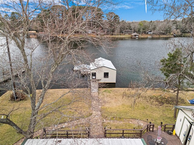 exterior space with a water view