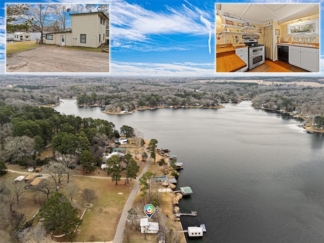 birds eye view of property featuring a water view