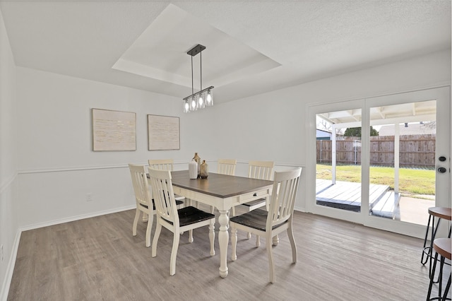 dining area featuring a tray ceiling and light hardwood / wood-style floors