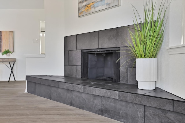 details featuring wood-type flooring and a tiled fireplace