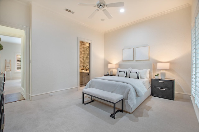 bedroom with light carpet, baseboards, visible vents, and ornamental molding