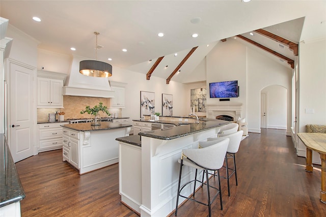 kitchen featuring a fireplace, custom exhaust hood, a large island with sink, and dark wood-style flooring