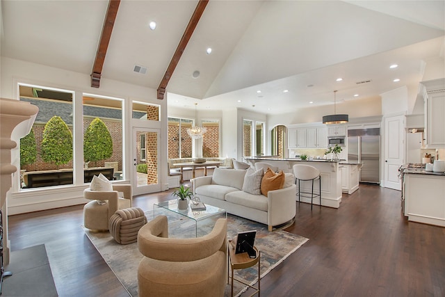 living area with visible vents, dark wood-type flooring, beamed ceiling, recessed lighting, and high vaulted ceiling