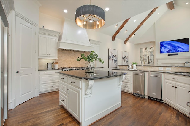 kitchen with premium range hood, a kitchen island, a sink, dark wood-type flooring, and beamed ceiling