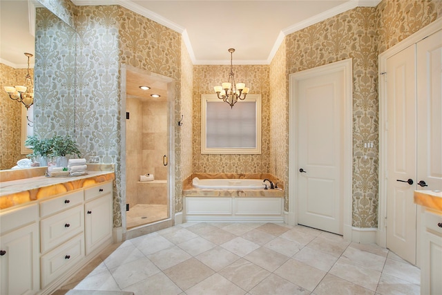 full bathroom with a shower stall, wallpapered walls, crown molding, and an inviting chandelier