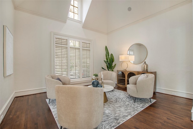 living area with baseboards, wood finished floors, and a towering ceiling