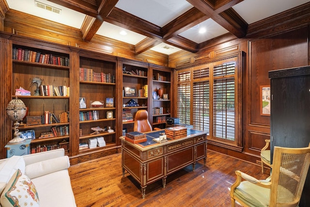 office space featuring built in features, coffered ceiling, beamed ceiling, and wooden walls