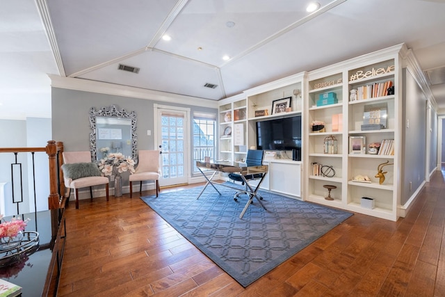 office featuring dark wood-type flooring, ornamental molding, and lofted ceiling