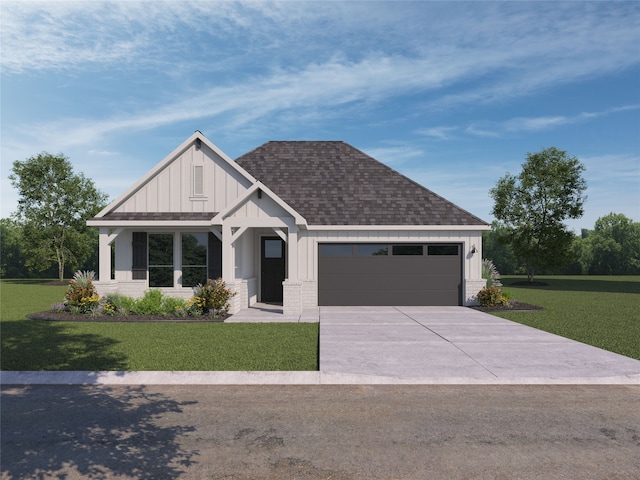 view of front facade featuring a front yard, covered porch, and a garage