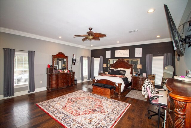 4201 Linda Ln, Shreveport, LA 71107 - bedroom with wood finished floors, crown molding, recessed lighting, baseboards, and ceiling fan