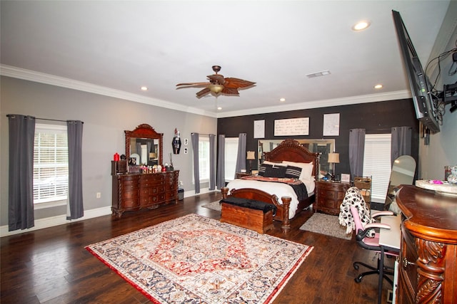 bedroom with ceiling fan, dark wood-type flooring, and ornamental molding