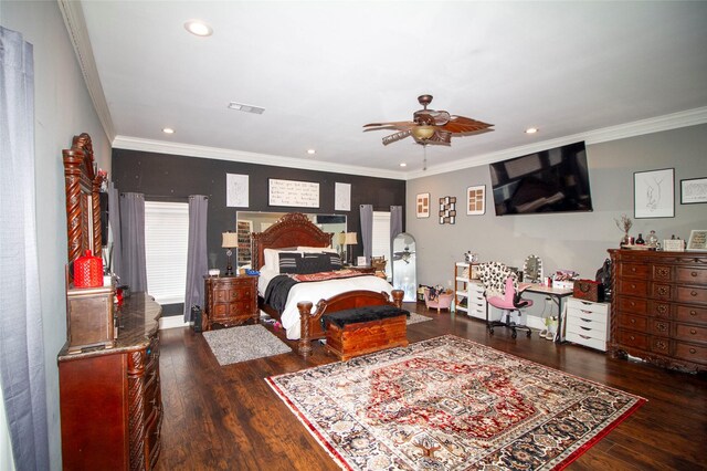 4201 Linda Ln, Shreveport, LA 71107 - bedroom with wood finished floors, ornamental molding, recessed lighting, baseboards, and a ceiling fan