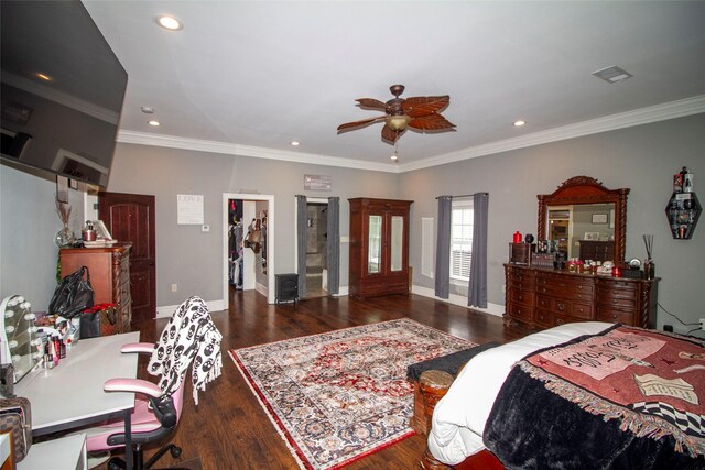 4201 Linda Ln, Shreveport, LA 71107 - bedroom with hardwood / wood-style flooring, ornamental molding, recessed lighting, and a ceiling fan
