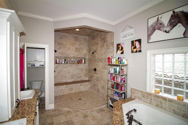 full bathroom with toilet, vanity, ornamental molding, and plus walk in shower