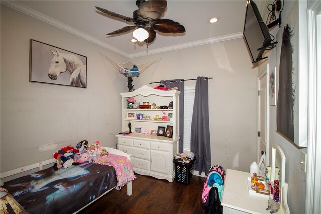 4201 Linda Ln, Shreveport, LA 71107 - bedroom with dark wood-type flooring, crown molding, recessed lighting, and ceiling fan