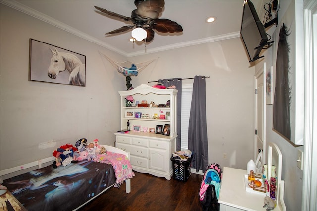 bedroom with ceiling fan, dark hardwood / wood-style floors, and ornamental molding