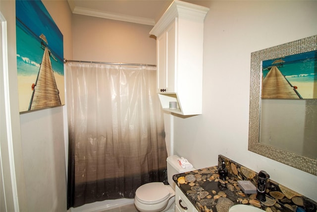 full bathroom featuring toilet, crown molding, vanity, and shower / tub combo with curtain