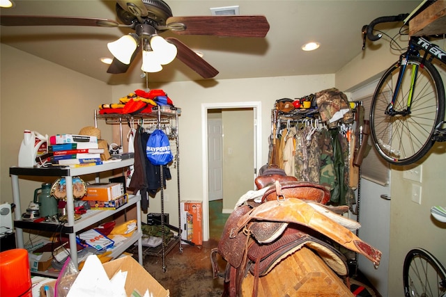 storage room with ceiling fan