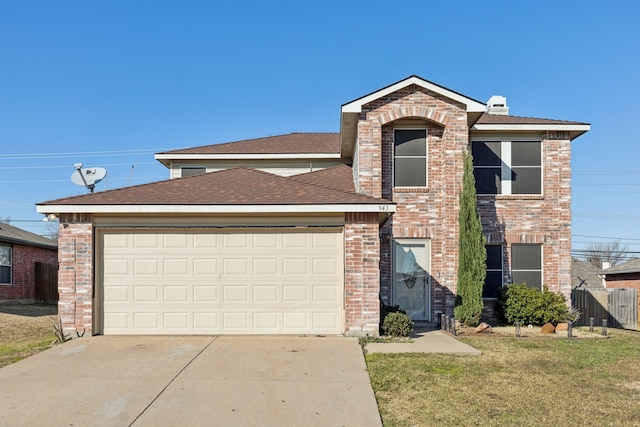 front facade with a garage and a front lawn