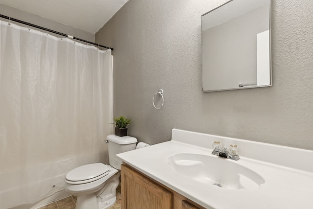 full bathroom with toilet, vanity, and shower / tub combo with curtain