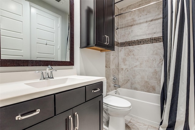 full bathroom featuring toilet, vanity, and shower / tub combo with curtain