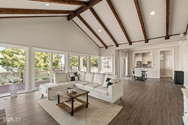 living room with high vaulted ceiling, a healthy amount of sunlight, dark hardwood / wood-style floors, and beamed ceiling