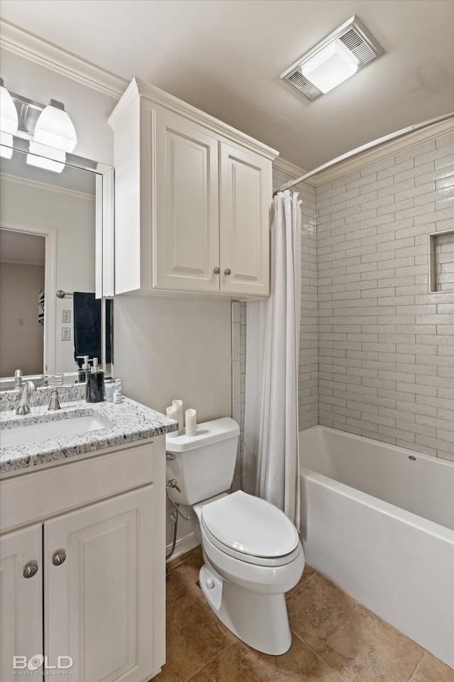 full bathroom with toilet, crown molding, tile patterned floors, and shower / bathtub combination with curtain