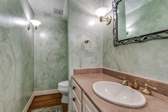 bathroom featuring toilet, vanity, a textured ceiling, and hardwood / wood-style flooring