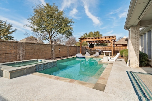 view of swimming pool featuring a pergola, a patio, and an in ground hot tub