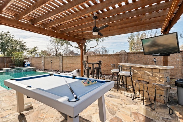 game room with ceiling fan, a jacuzzi, and pool table