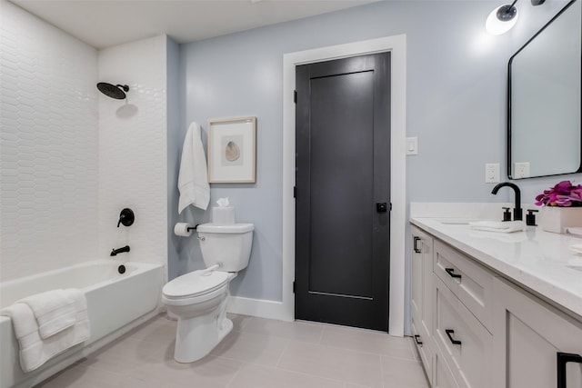 full bathroom with washtub / shower combination, vanity, toilet, and tile patterned flooring