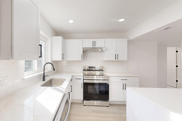 kitchen featuring dishwashing machine, sink, white cabinetry, and stainless steel electric range oven