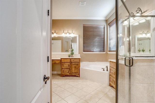 bathroom featuring separate shower and tub, vanity, tile patterned flooring, and crown molding