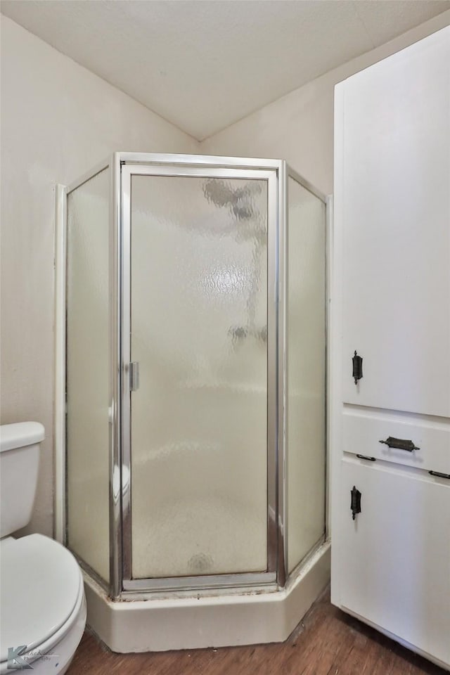 bathroom featuring walk in shower, wood-type flooring, and toilet