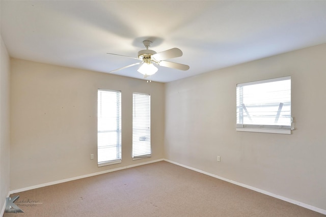 unfurnished room featuring ceiling fan and carpet flooring