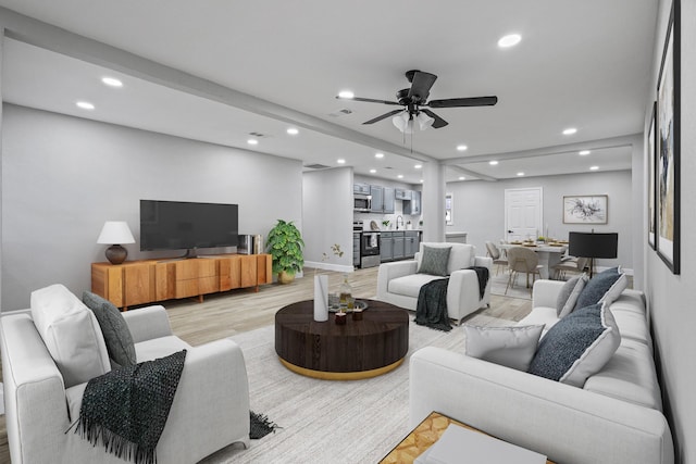 3832 Stateoak Dr, Dallas, TX 75241 - living area with recessed lighting, ceiling fan, light wood finished floors, and baseboards