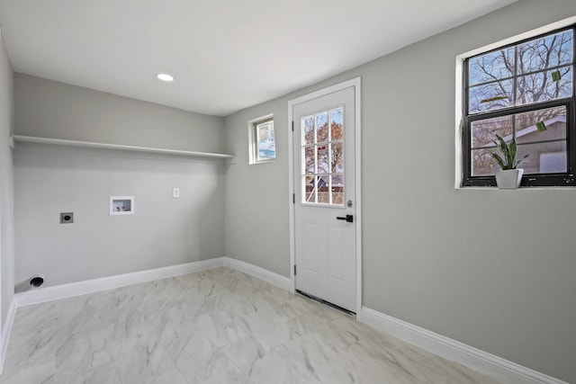 3832 Stateoak Dr, Dallas, TX 75241 - washroom with hookup for an electric dryer, washer hookup, marble look tile flooring, baseboards, and recessed lighting