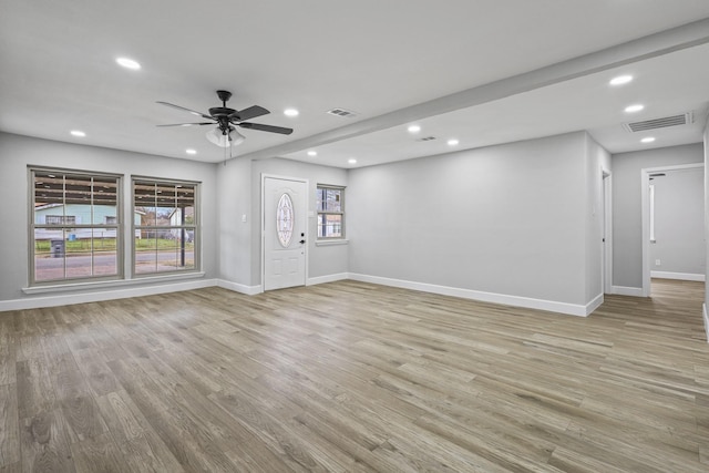 3832 Stateoak Dr, Dallas, TX 75241 - unfurnished living room with recessed lighting, baseboards, light wood-type flooring, and ceiling fan