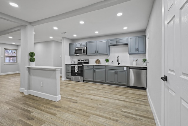 kitchen with sink, gray cabinets, appliances with stainless steel finishes, tasteful backsplash, and light wood-type flooring