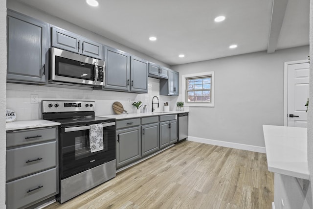 3832 Stateoak Dr, Dallas, TX 75241 - kitchen with appliances with stainless steel finishes, gray cabinets, light wood-style floors, backsplash, and recessed lighting
