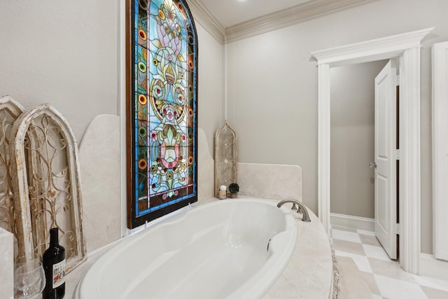 bathroom with tiled tub and crown molding