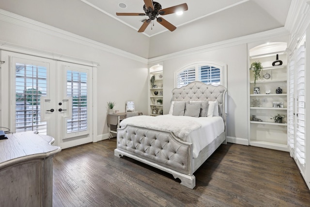 bedroom featuring ceiling fan, dark hardwood / wood-style floors, access to outside, and french doors