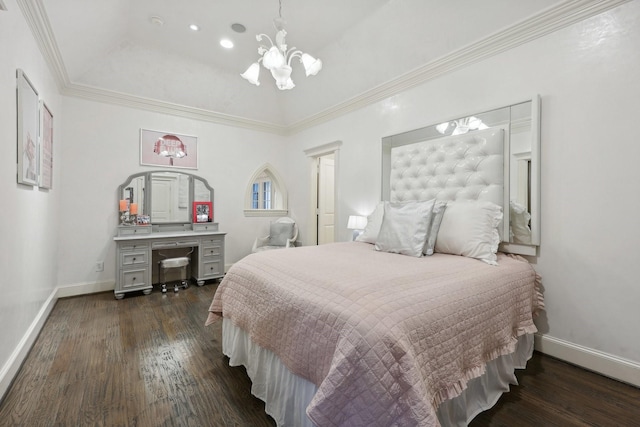 bedroom with crown molding, dark hardwood / wood-style flooring, and an inviting chandelier