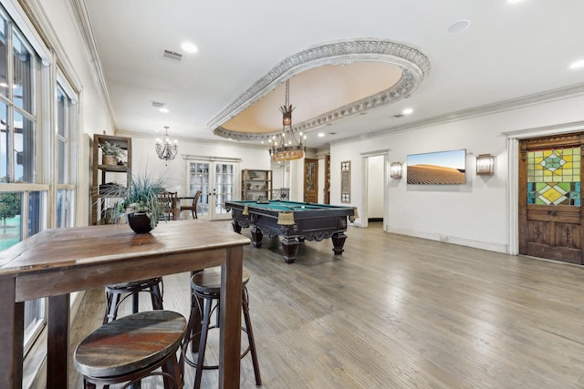 game room featuring crown molding, french doors, light wood-type flooring, and pool table