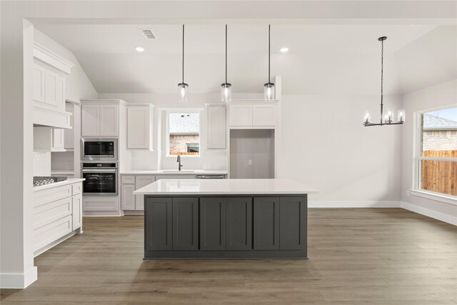 13728 Riola Dr, Little Elm, TX 75068 - kitchen with stainless steel appliances, lofted ceiling, a chandelier, white cabinetry, and a sink