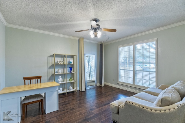 living area featuring ceiling fan, dark hardwood / wood-style flooring, and ornamental molding